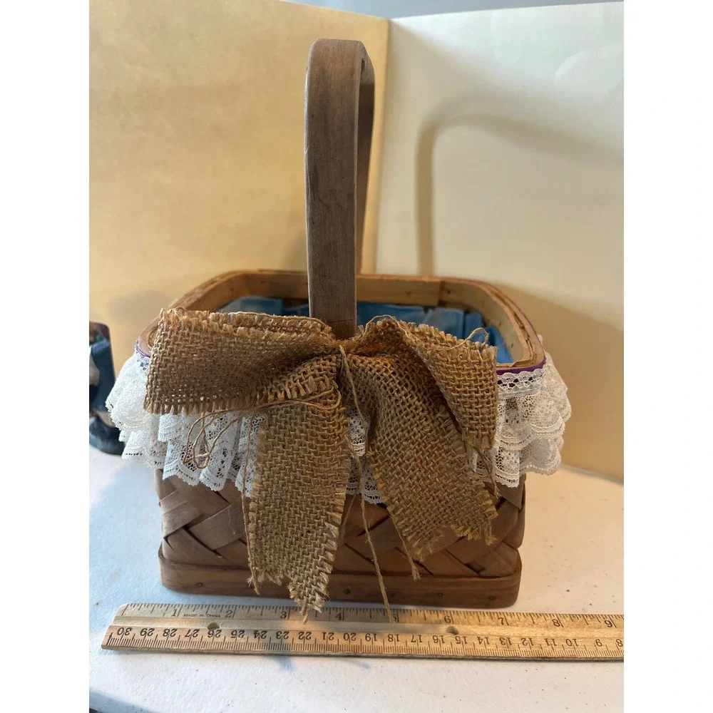 Vintage Woven Wood Basket with Lace Trim Burlap Bow and Blue Fabric Liner